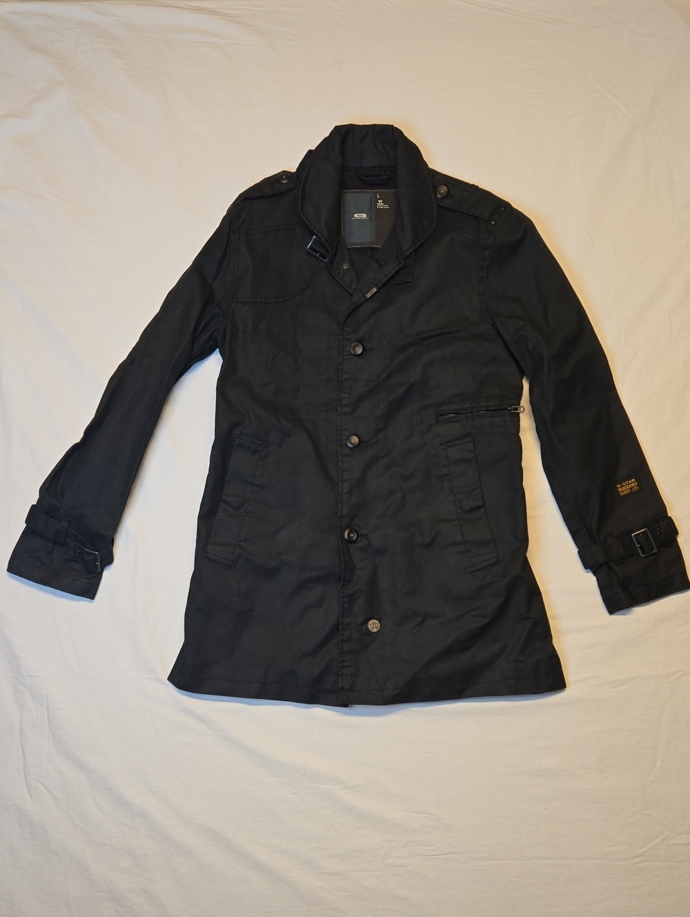 G-Star Raw Black Button Down Trench Coat with Epaulets